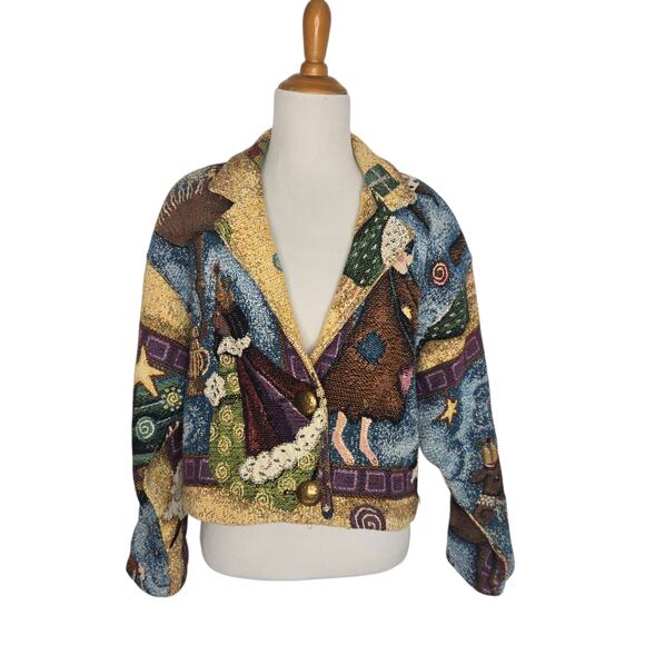 Rare Vintage Nativity Tapestry Jacket Cropped Painted Pony Art To Wear Small - Picture 3 of 15